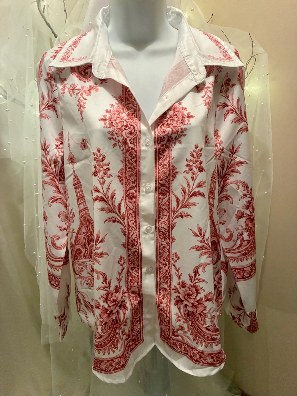 White Button-Up Blouse with Red Toile Print
